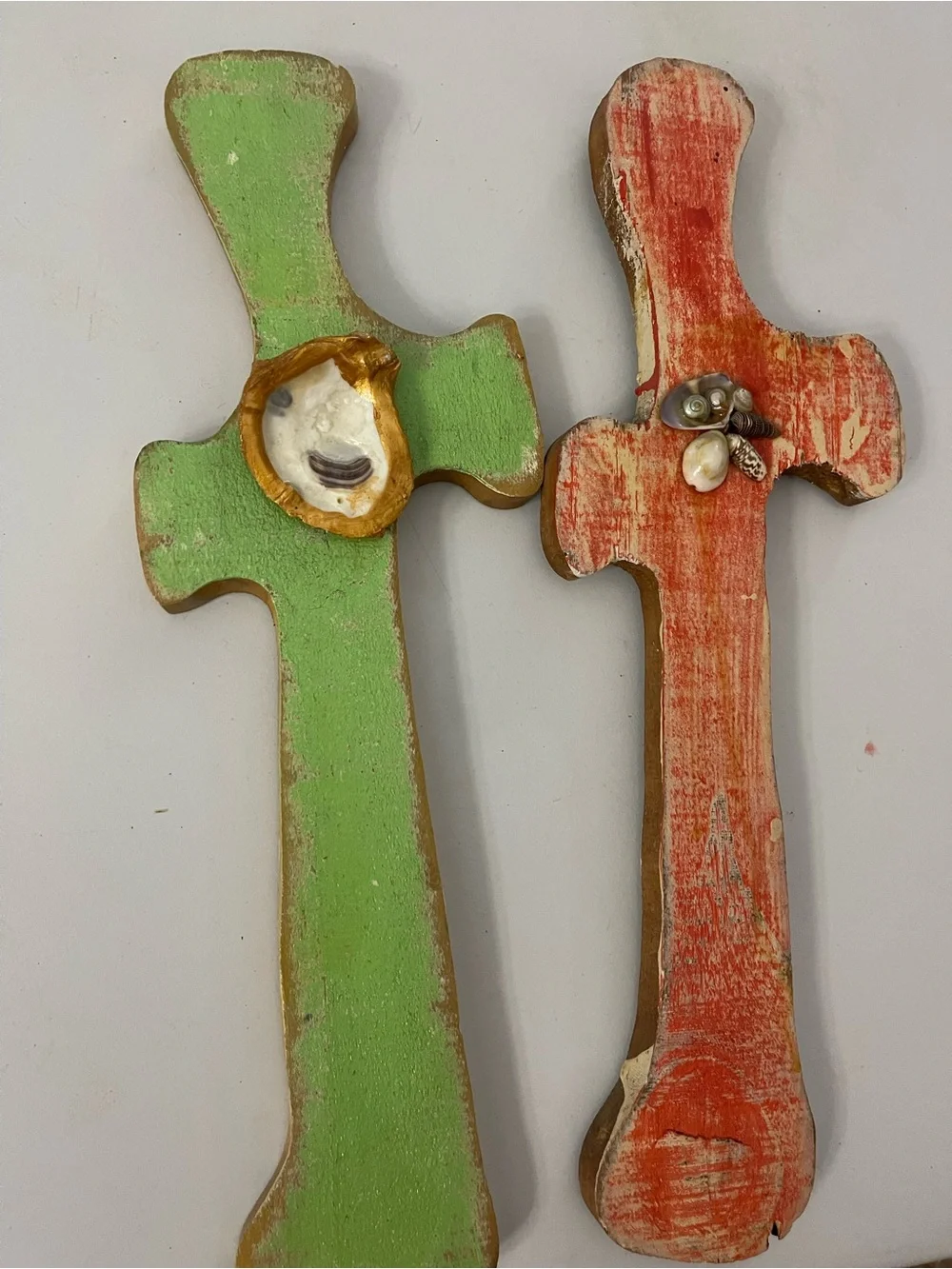 Green and Orange Rustic Wooden Cross Wall Decor - Coastal Accent